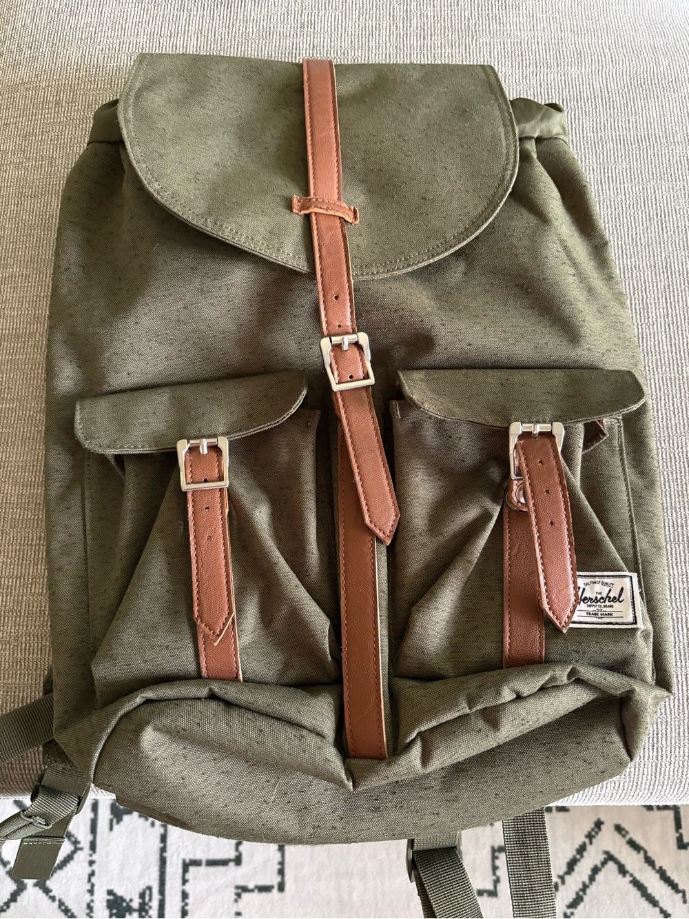 Herschel Supply Company Olive Canvas Backpack with Brown Trim Straps